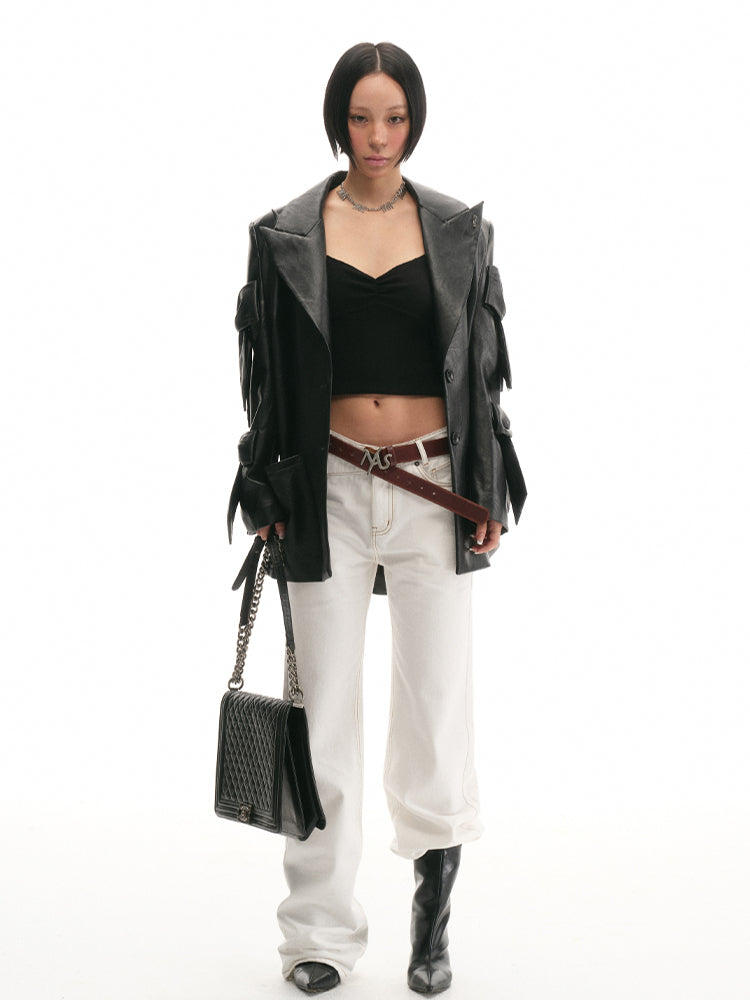 Textured Loose-Fit Embroidered Leather Jacket - CHINASQUAD