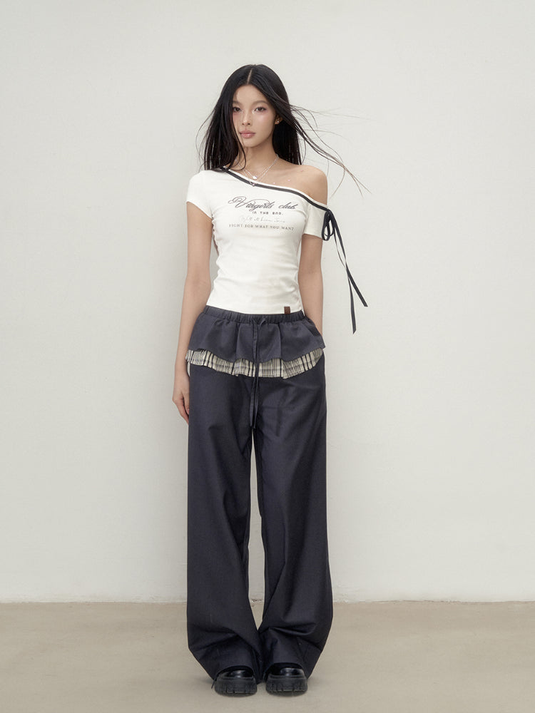 Off-Shoulder Letter Print Short Sleeve T-shirt - CHINASQUAD