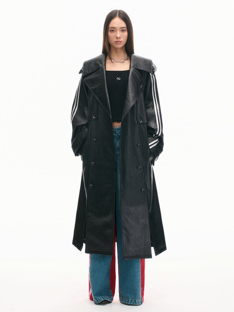 Textured Relaxed Fit Leather Trench Coat - CHINASQUAD