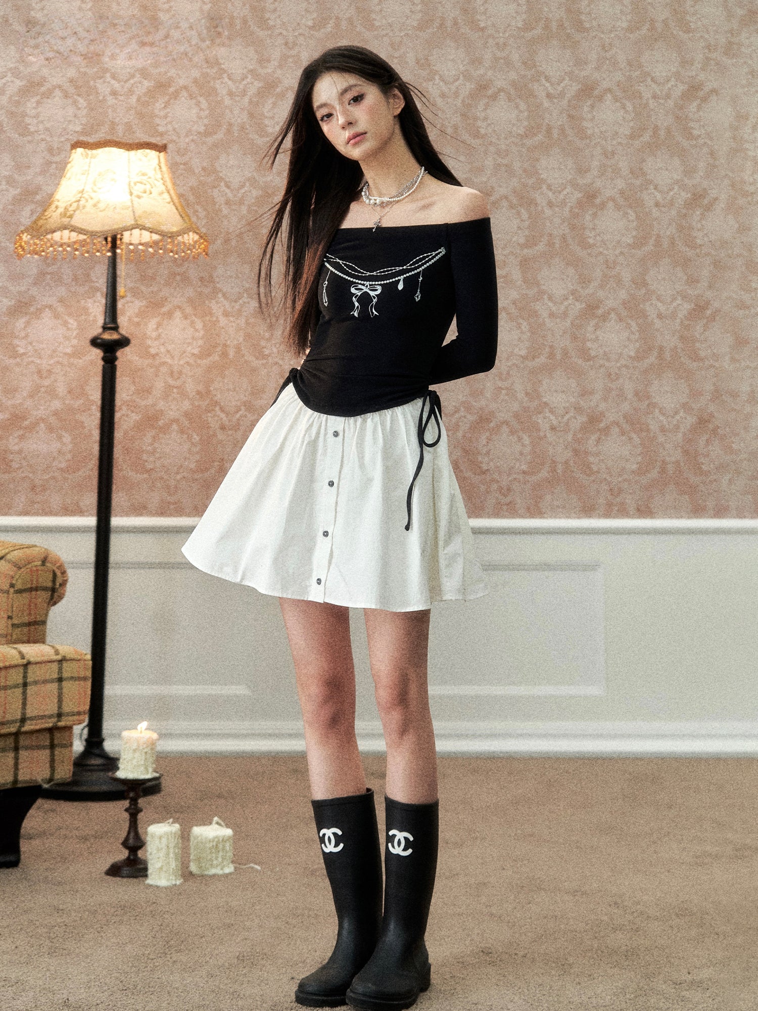 Black One-Shoulder Pearl Chain Printed Dress - CHINASQUAD