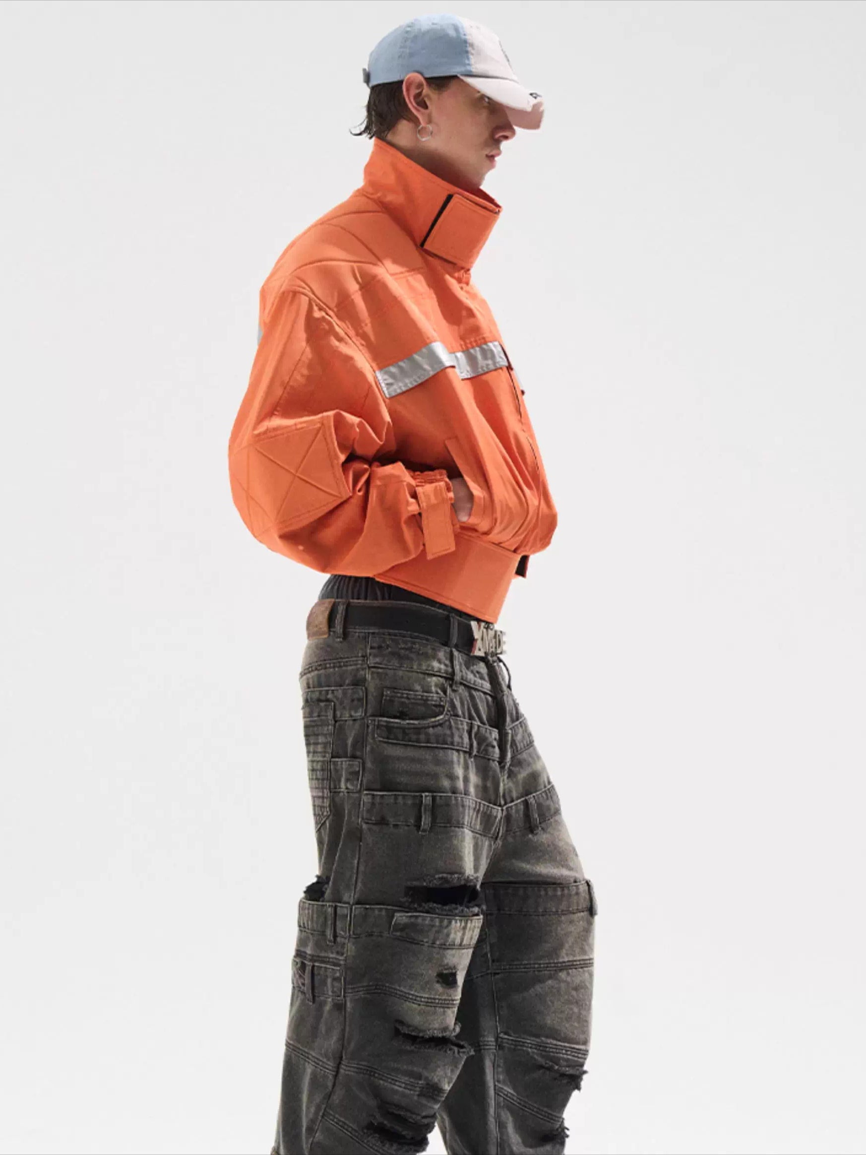 Reflective Trim Stand-Collar Oversized Jacket - CHINASQUAD