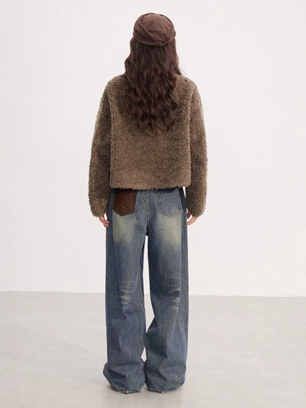Shearling-Trim Stand-Collar Cropped Jacket