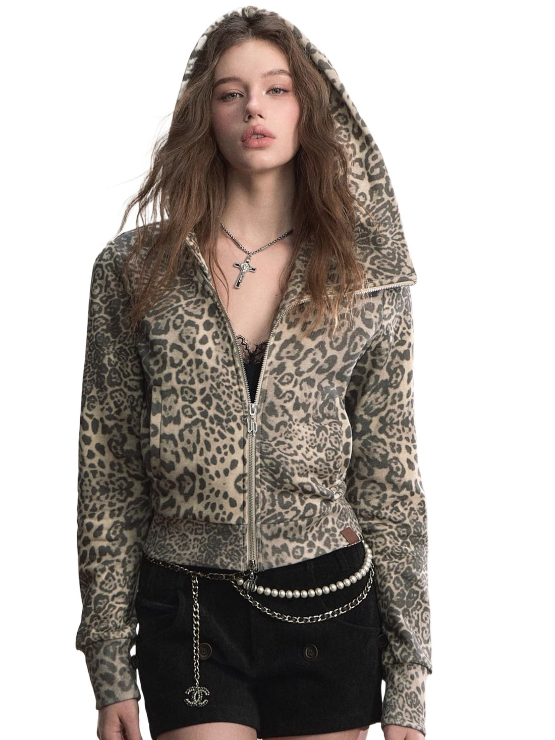 Leopard Print Street-Style Zip-up Hoodie