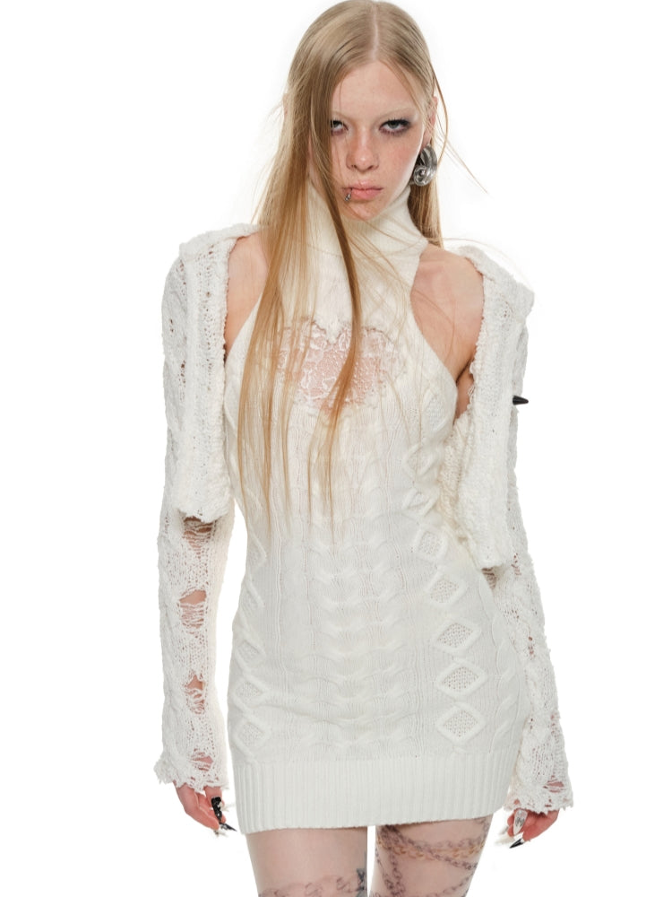 Black & White Hollow Out Knit Hoodie - CHINASQUAD