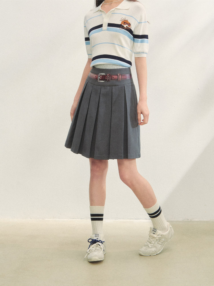 Fake Two-piece Printed Belted Pleated Skirt - CHINASQUAD