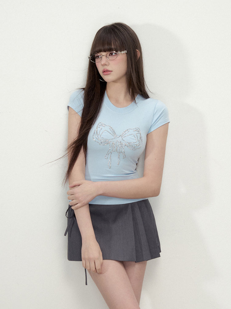 Bow Tie Rhinestone Short Sleeve T-shirt - CHINASQUAD