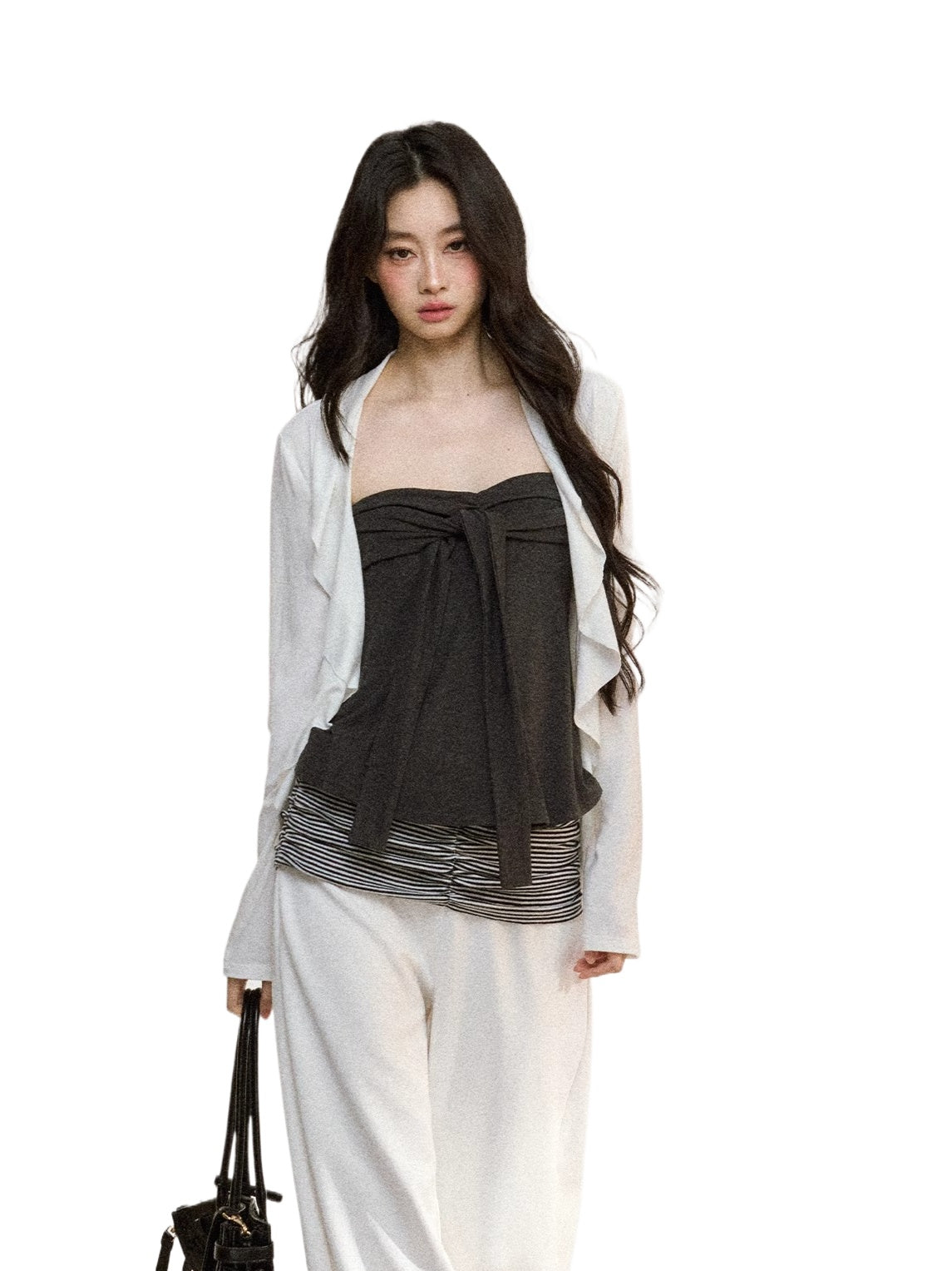 Layered Ruffle-Edge Cardigan & Tube Top Set - CHINASQUAD