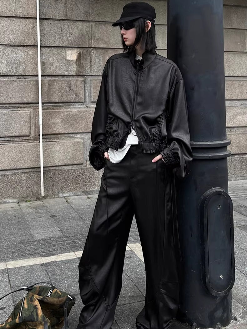 Leather-Texture Athletic Zip Jacket