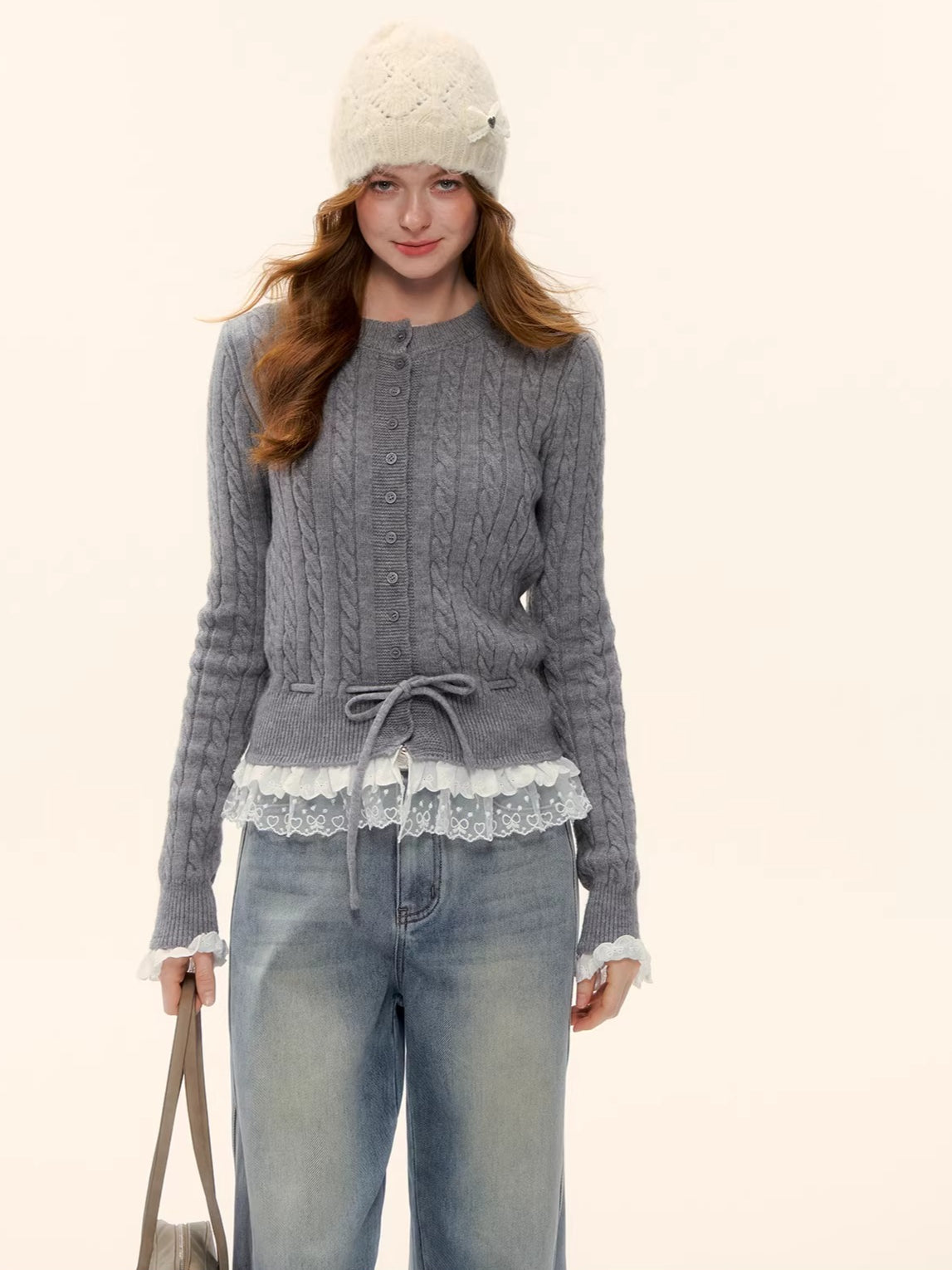 Cable Knit Lace-Hem Drawstring Sweater