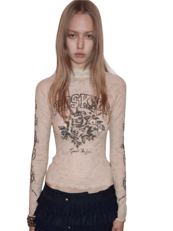 Vintage Rose Lace Print Sheer Base-Layer