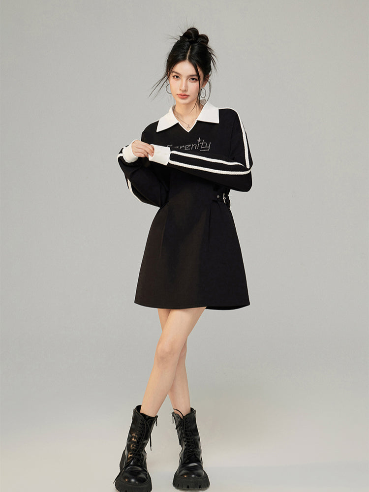Color-Blocked Waist Cinching Polo V-neck Sweatshirt Dress - CHINASQUAD