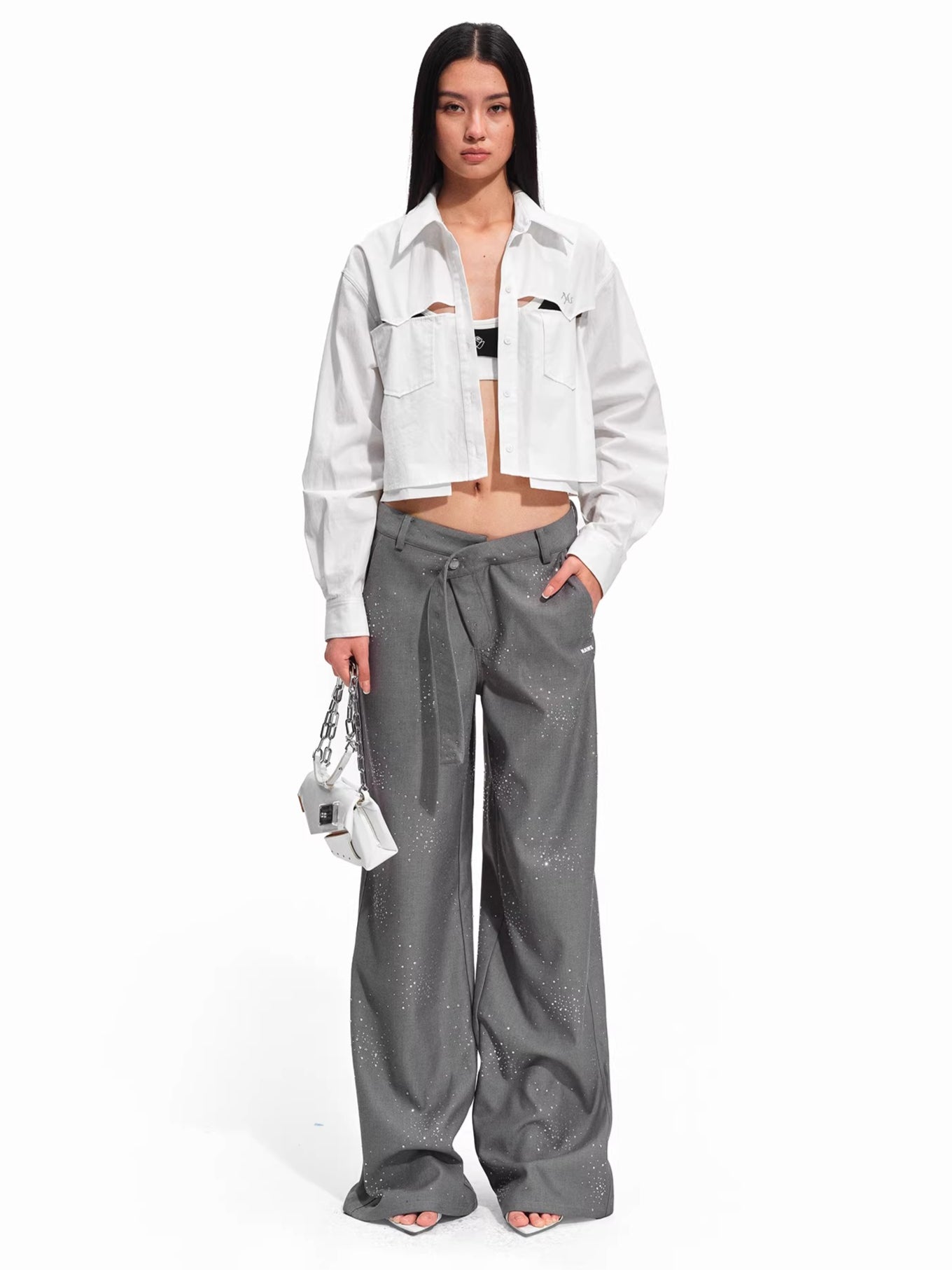 Embellished Low-Rise Wide-Leg Tailored Trousers