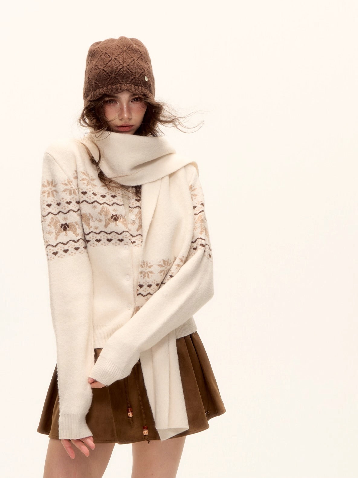 Fair Isle Wool-Blend Knit Cardigan & Scarf Set