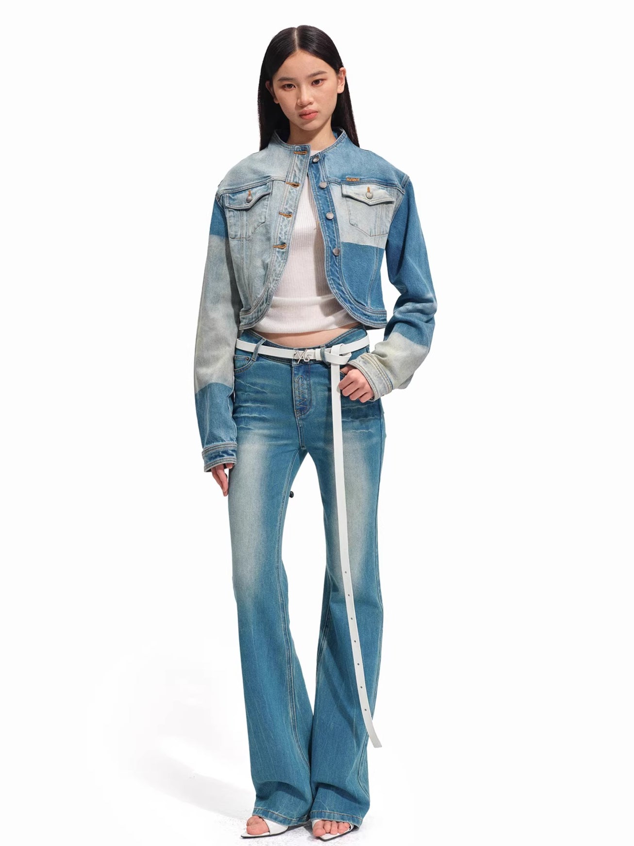 Equestrian Contrast Panel Washed Denim Jacket