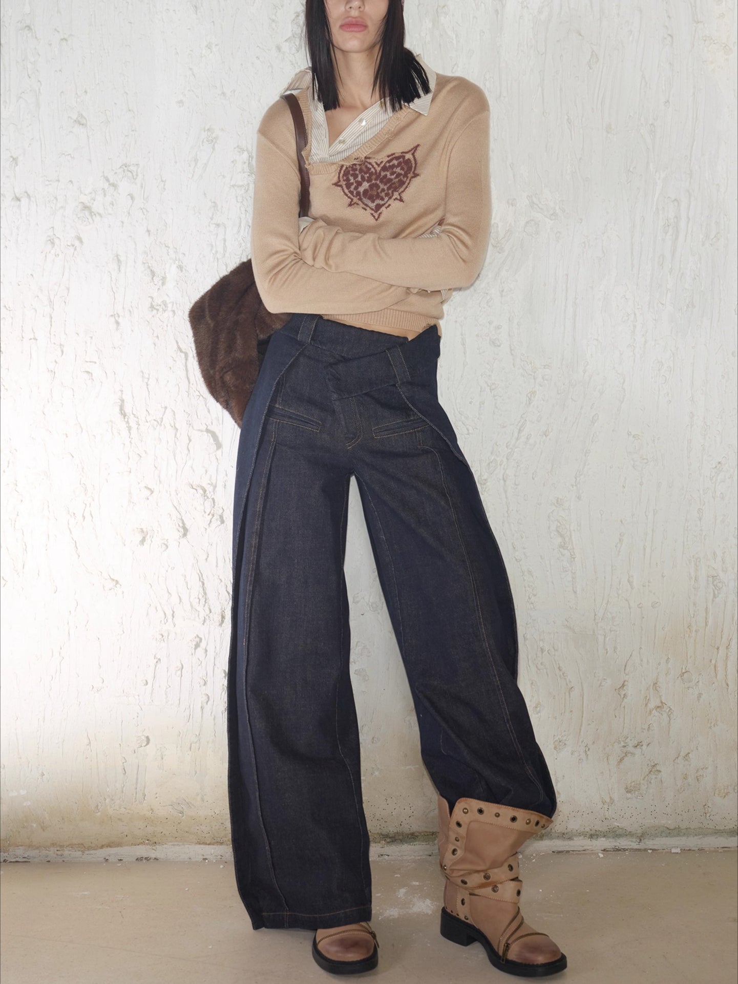 Irregular Folded-Waist Wide-Leg Trousers