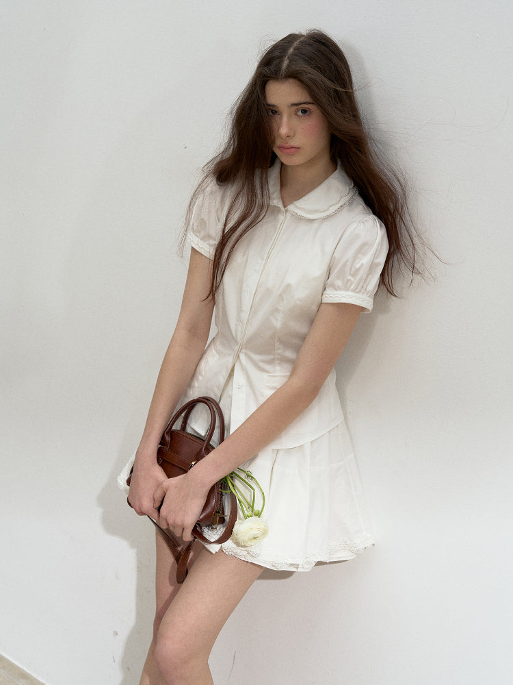 Cotton Lace Embroidered Collar Shirt & Skirt Set - CHINASQUAD