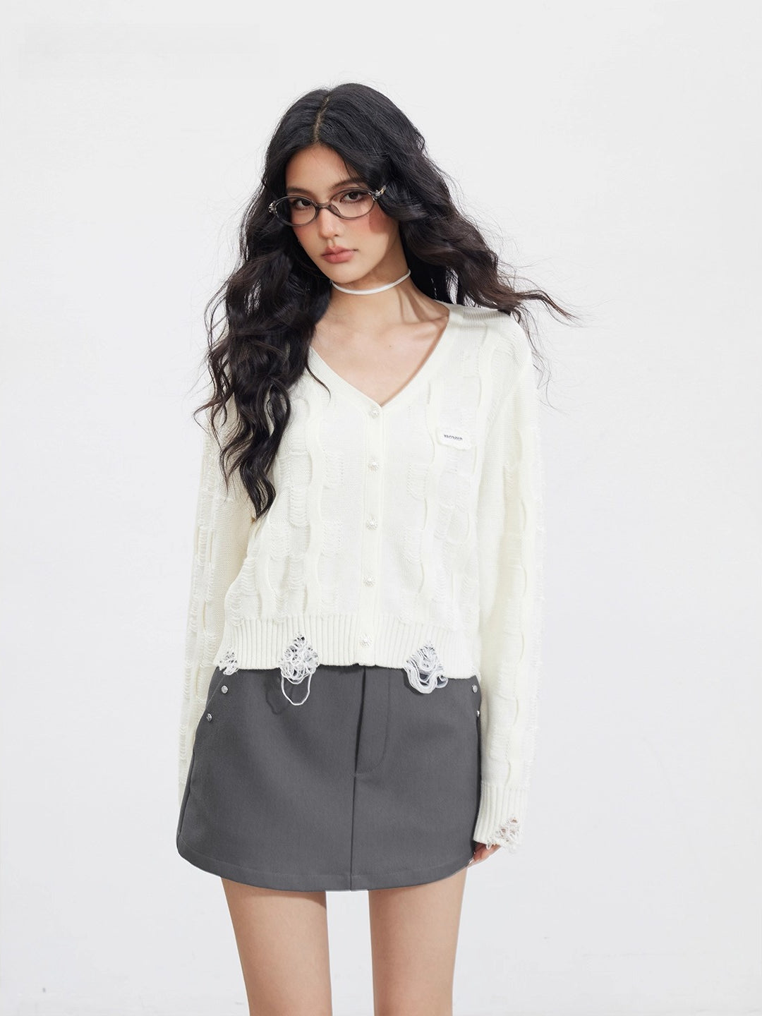 Distressed V-Neck Knit Cardigan