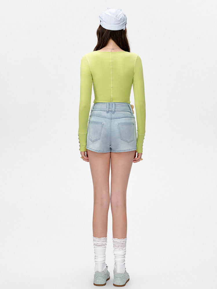 Fuzzy Bear High-Waist Denim Shorts - CHINASQUAD