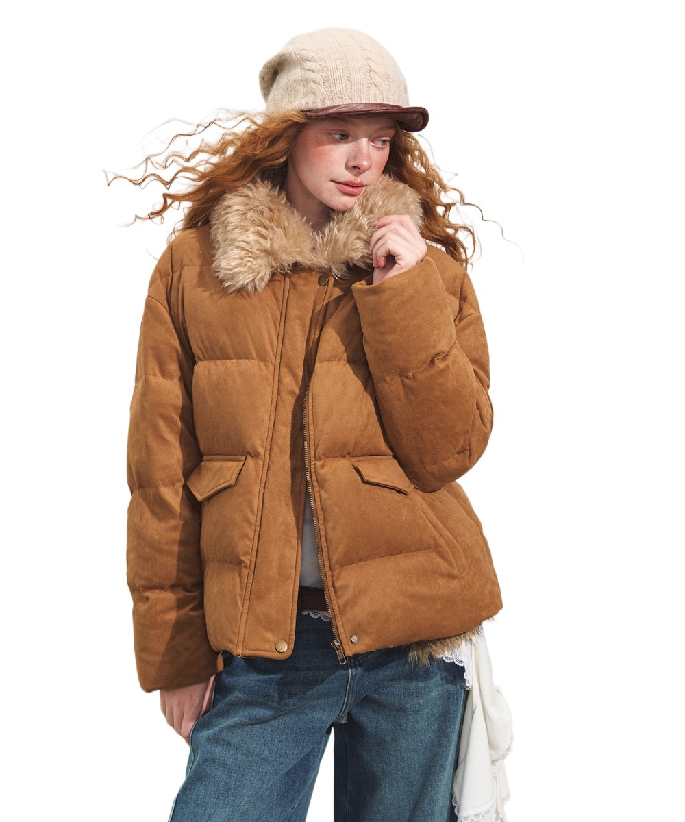 Faux Fur Collar Suede-Panel Down Jacket - CHINASQUAD