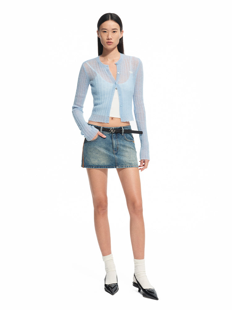 Washed Denim Twill Leather Patchwork Mini Skirt - CHINASQUAD