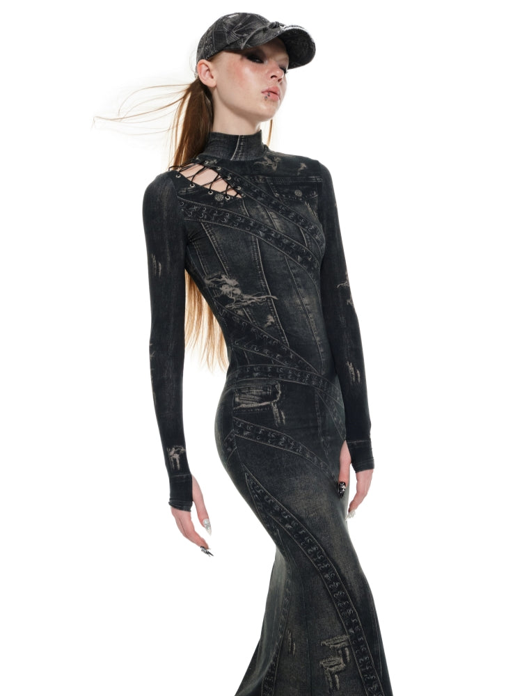 Denim Blue & Black Floral Print Long Dress - CHINASQUAD