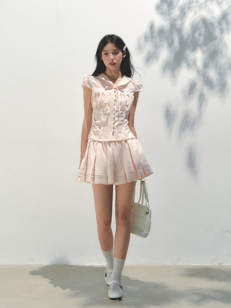 Navy Collar Lyocell Waist-cinching Shirt & Skirt Set - CHINASQUAD