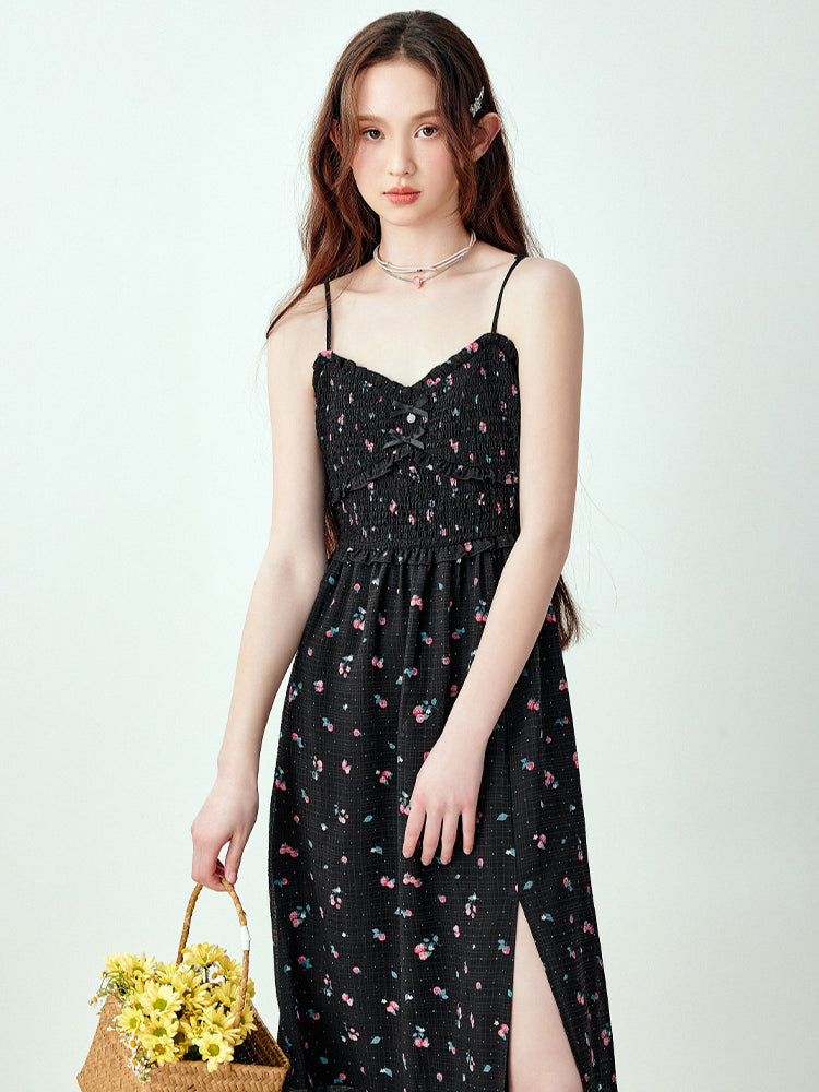 Black Floral Slit Spaghetti Strap Dress | CHINASQUAD