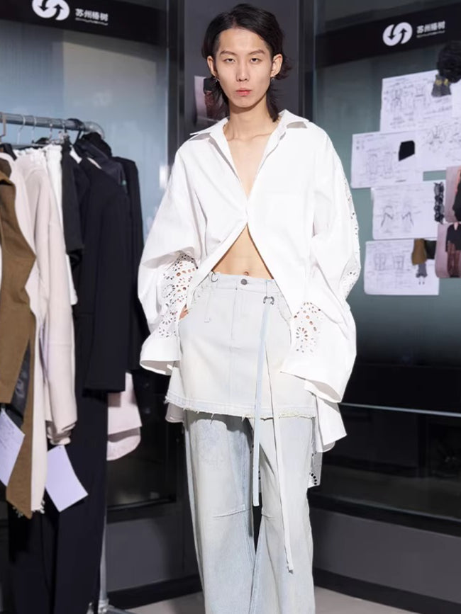 Embroidered Panel Oversized Cotton Shirt