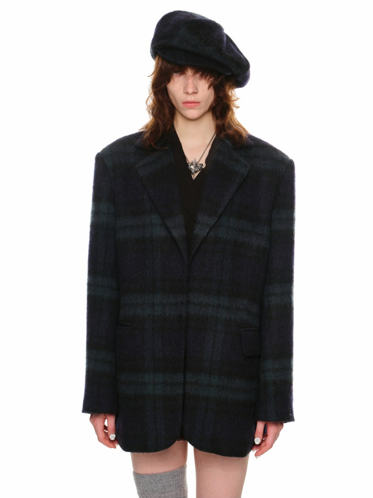 Oversized Green Plaid Woolen Blazer - CHINASQUAD