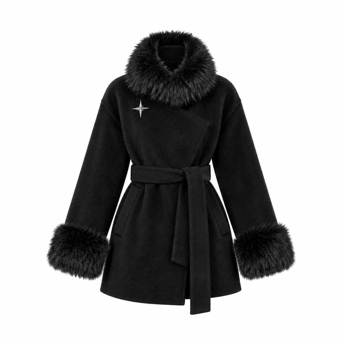 Áo khoác quấn dáng ngắn lông thú giả