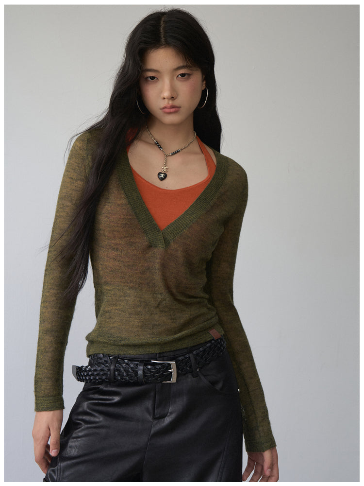 Fake Two-Piece Halter V-Neck Knit Sweater - CHINASQUAD