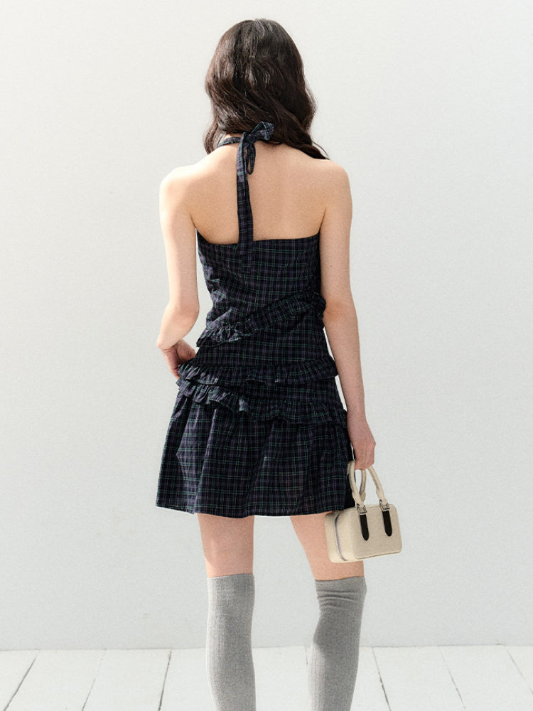 Waist-Cinching Sleeveless Plaid Dress - CHINASQUAD