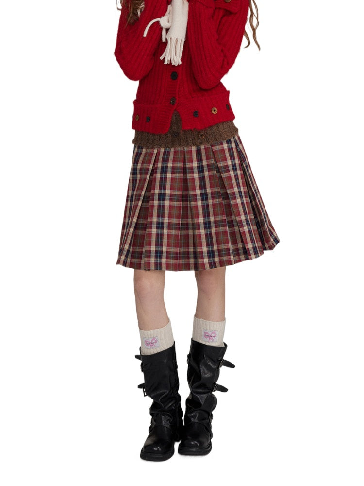 Patchwork Button Wool Pleated Skirt - CHINASQUAD