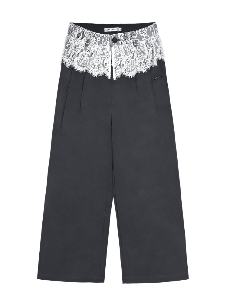 Waistband Lace-spliced Faux Two-piece Long Pants - CHINASQUAD