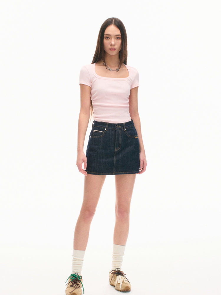 Ice Silk Ribbed Waist Cinching Round Corner T-Shirt - CHINASQUAD