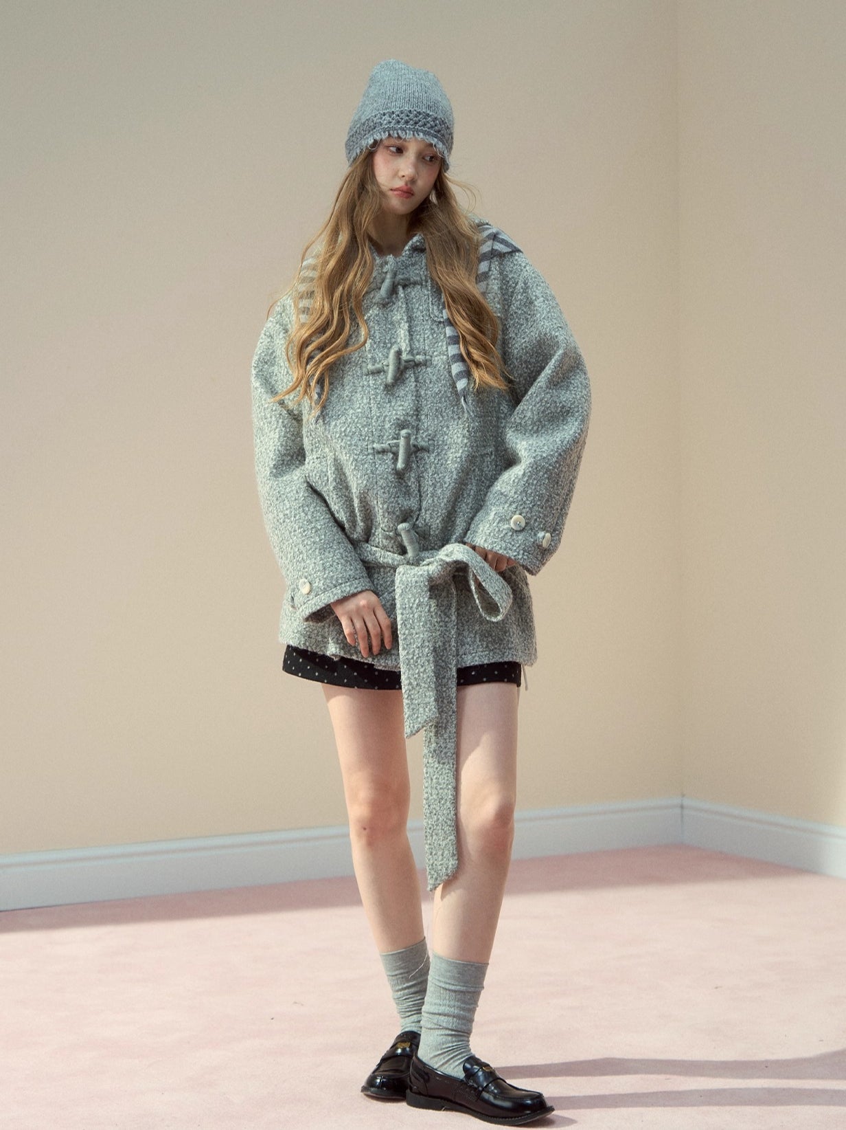 Light Grey Wool-Blend Toggle Belted Coat - CHINASQUAD