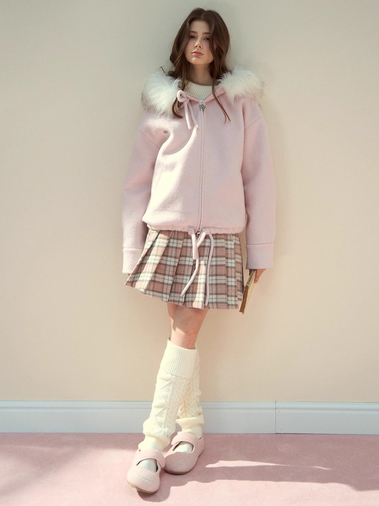 Blush Plaid Wool A-Line Pleated Skirt - CHINASQUAD