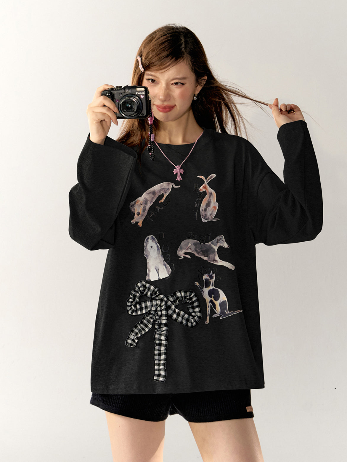 Cartoon Print 3D Bow Crew Neck Long Sleeve - CHINASQUAD