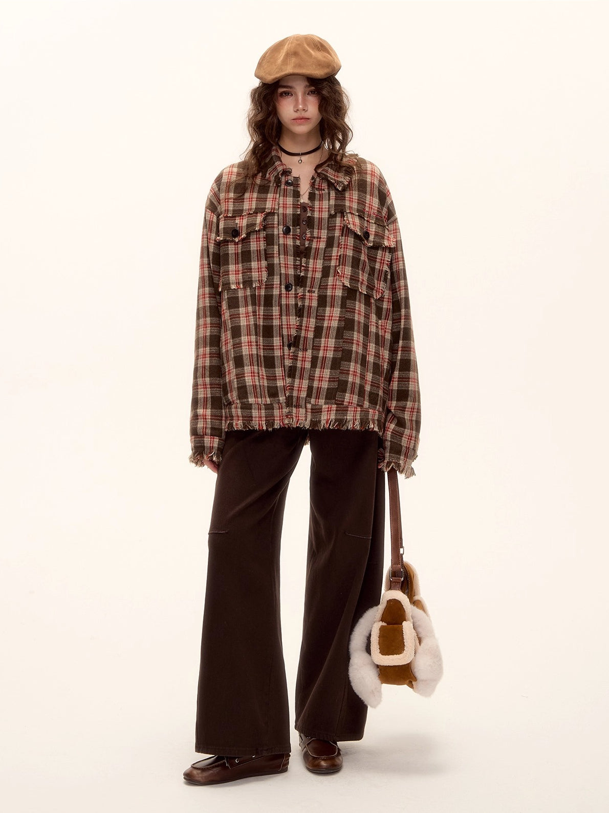 Red Belt Decor Curved-Hem Denim Wide-Leg Jeans