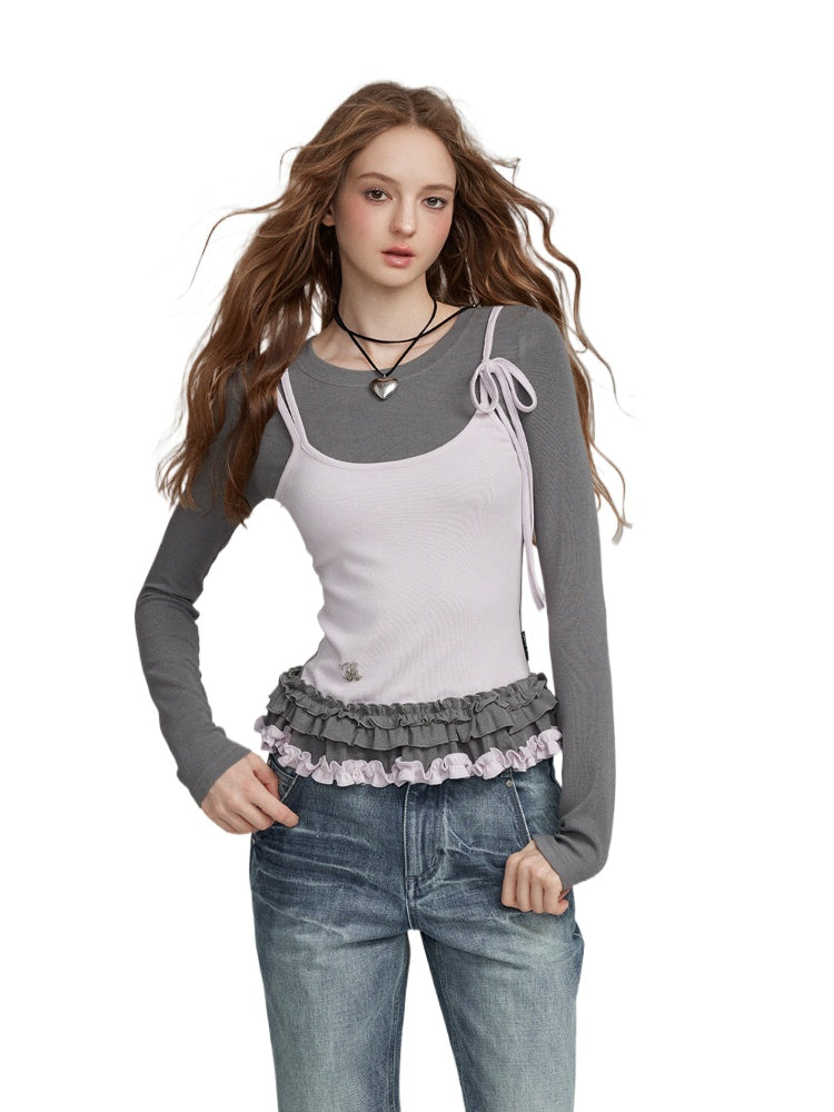 Fake Two-Piece Lace Trimmed Blouse - CHINASQUAD