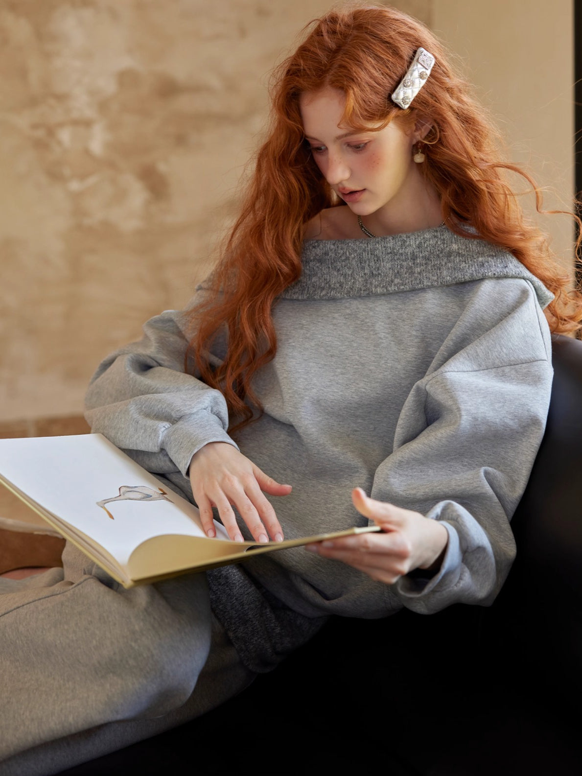 Grey Off-Shoulder Sweatshirt & Flared Pants Two-Piece Set