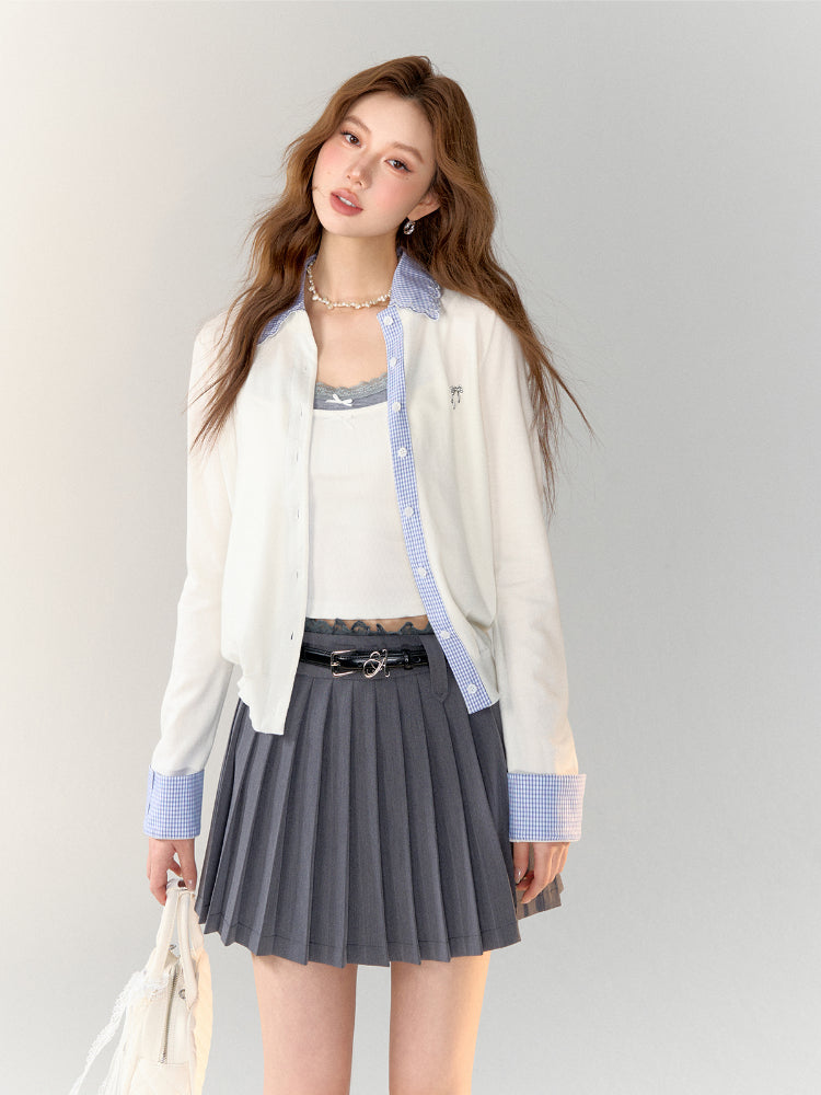 Gray Lace-Trimmed Pleated Suit Skirt - CHINASQUAD