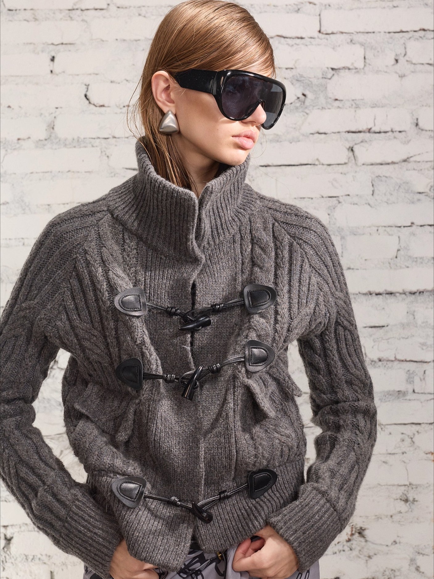 100% Wool Retro Cable-Knit Horn Button Jacket