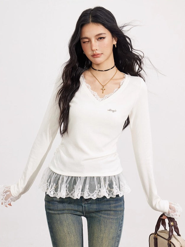 Lace Panel V-Neck Slim-Fit Long Sleeve T-Shirt - CHINASQUAD