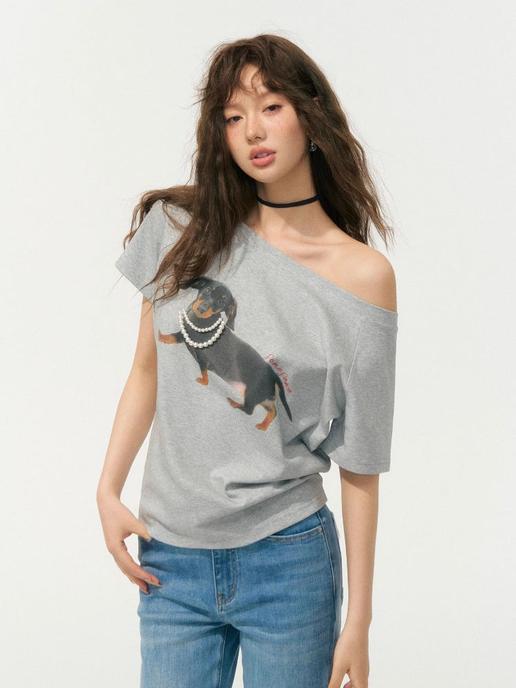 Off-Shoulder Pearl Embroidered Asymmetrical T-shirt - CHINASQUAD