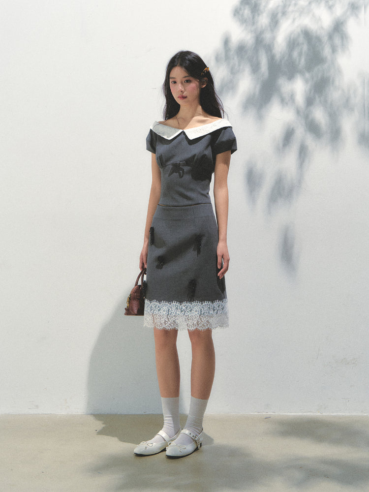 Dark Gray Princess Sleeve Top & skirt set - CHINASQUAD