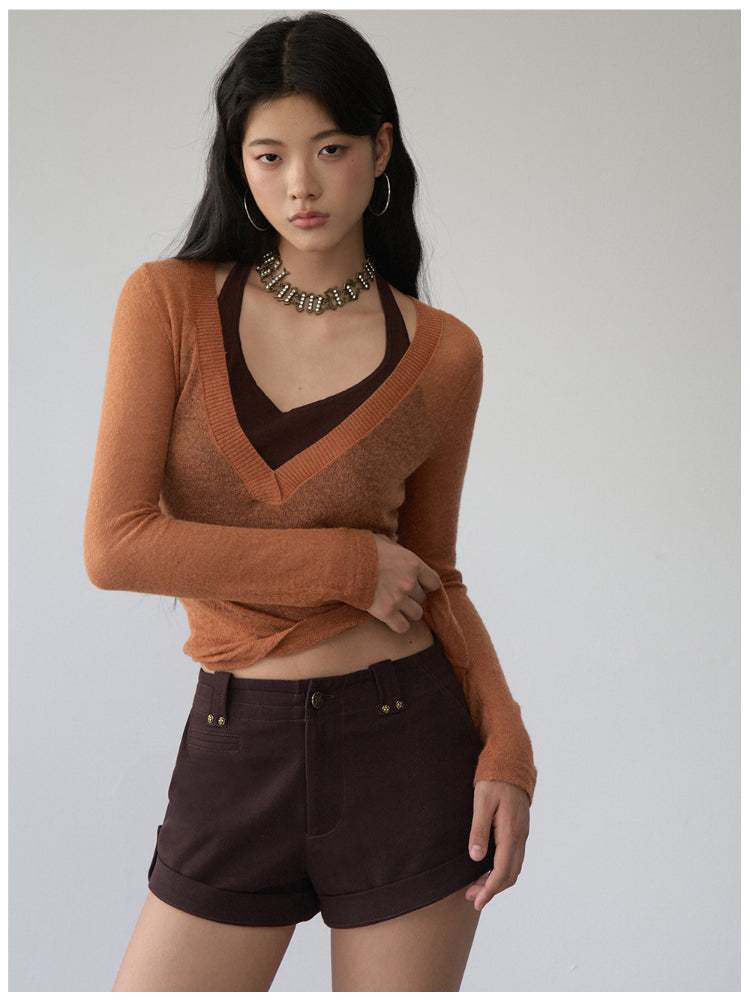 Fake Two-Piece Halter V-Neck Knit Sweater - CHINASQUAD
