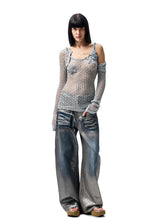 Silver-Foil Embroidered Straight-Leg Denim Curved Pants - CHINASQUAD