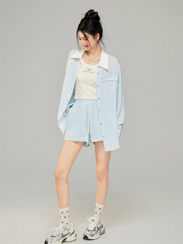 Color-block Shiny Silk Shirt & Shorts Set