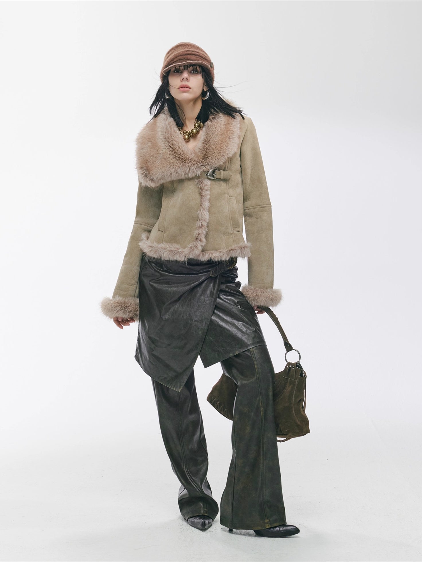 Vintage Asymmetric Shearling-Effect Suede Jacket